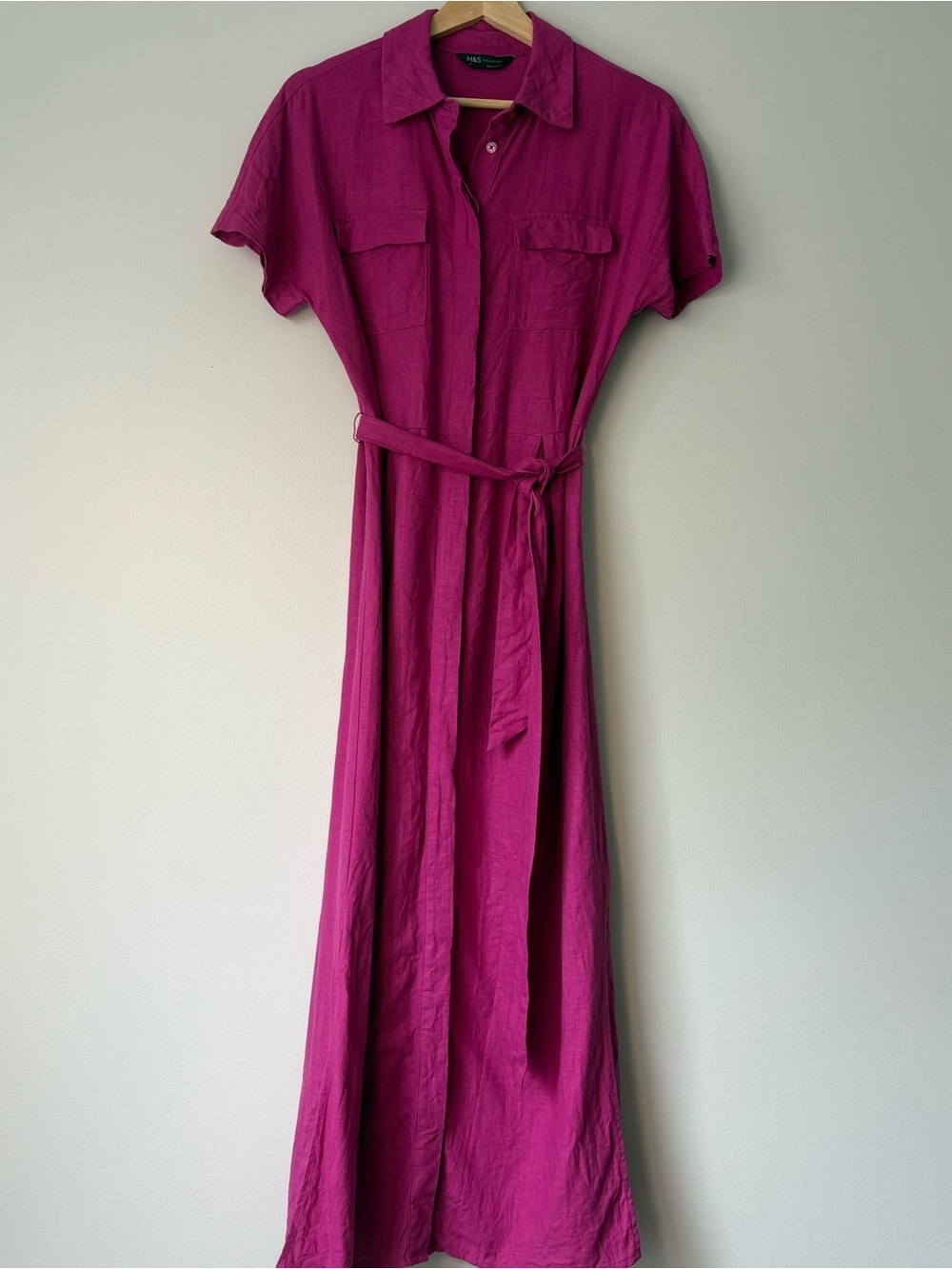 Stunning M&S linen blend fuchsia maxi shirt dress-size Small